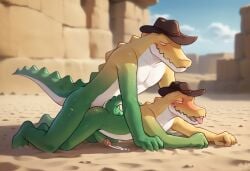 2boys ai_generated amazing anthro ass blush cowboy crocodile crocodilian cum desert digital ejaculation ejaculation_while_penetrated erection gay gay_sex gummigoo_(the_amazing_digital_circus) hat male male/male male_only multiple_boys muscular nipples nude pecs penetrated penetration penis reptile scalie sex tired toned