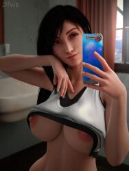 3d bathroom big_breasts d1vit final_fantasy final_fantasy_vii final_fantasy_vii_remake long_hair mustard_sfm phone phone_selfie red_eyes selfie selfie_pose tank_top tank_top_lift tifa_lockhart