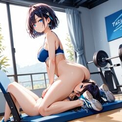 ass blue_eyes brown_hair facesitting gym licking_ass licking_pussy