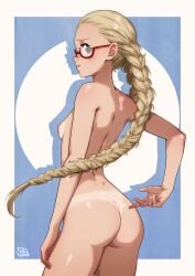 absurdres ass back back_focus bare_back bare_shoulders blonde_hair blue_background breasts brown_eyes completely_nude female from_behind glasses highres juusan_kihei_bouei_ken looking_at_viewer looking_back median_furrow nipples nude red-framed_eyewear solo tan tanlines thatpersonaguy