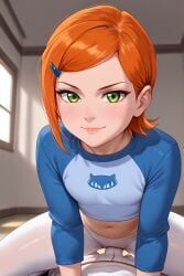 1girls ai_generated ben_10 cartoon_network cowgirl_position female_focus flat_chest green_eyes gwen_tennyson looking_at_viewer orange_hair short_hair sitting_on_person