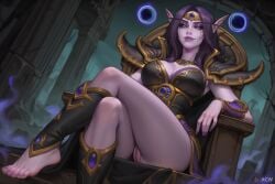 acw ai_generated bare_thighs barefoot black_sclera bottomless cleavage feet no_panties pauldrons pointy_ears purple_eyes purple_hair purple_skin pussy void_elf world_of_warcraft xal'atath