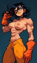 1girls abs ai_generated black_hair canonical_outfit kosine1777 kosineverse long_hair medium_breasts muscle_girl muscular muscular_female nipples orange_gloves original original_character serena_(kosine1777) superheroine toned toned_abs toned_body toned_female topless valbun_style yellow_eyes yellow_lipstick yellow_pants