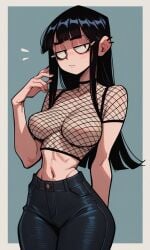 1girls ai_generated alise_(kosine1777) black_hair black_pants blunt_bangs fishnet_shirt fishnet_topwear kosine1777 large_breasts long_hair no_bra original original_character pointy_chin