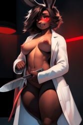 ai_generated anthro black_fur blush breasts bunny dangerous diplive7 excited furry halloween holding_knife holding_weapon knife lab_coat labcoat looking_at_viewer male murderer murderous_intent rabbit tagme thick_thighs trenchcoat