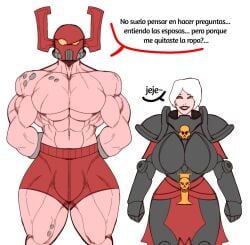 1girls adepta_sororitas adeptus_astartes black_carapace dialogue female muscular_male rompecaderasgod sister_of_battle space_marine spanish_text text warhammer_(franchise) warhammer_40k