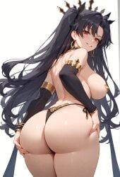 1girls ai_generated ass_grab back bare_shoulders black_hair blush detached_sleeves earrings fate/grand_order fate_(series) from_behind gold_jewelry grabbing_own_ass grin hair_ribbon hoop_earrings ishtar_(fate) jewelry large_ass large_breasts long_hair looking_at_viewer looking_back narrow_waist naughty_face parted_bangs pasties quaternionic side-tie_panties simple_background smile solo squeezing stable_diffusion thick_thighs thong topless white_background wide_hips