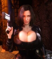 1girls 3d 3d_(artwork) alternate_breast_size big_hips black_bodysuit black_corset black_hair bodysuit breasts breasts_bigger_than_head cleavage clothed clothed_female corset enormous_breasts female female_only female_solo gigantic_breasts gun hips holding_gun holding_object holding_weapon hourglass_figure huge_breasts humanoid kate_beckinsale large_hips looking_at_viewer massive_breasts open_bodysuit open_clothes selene_(underworld) skin_tight slim_waist small_waist solo solo_female thighs thin_waist top_heavy underworld unzipped unzipped_bodysuit upper_body vaako vampire vampire_girl vampiress weapon wide_hips