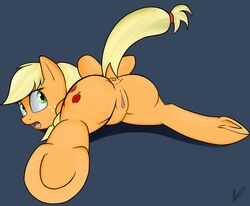 2016 anus applejack_(mlp) blonde_hair cutie_mark earth_pony equine female feral freckles friendship_is_magic fur green_eyes grey_background hair horse looking_at_viewer mammal my_little_pony neighday open_mouth orange_fur pony pussy simple_background solo