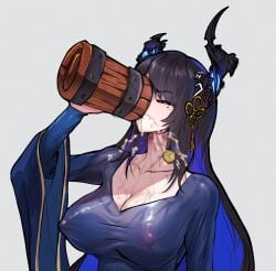 breasts drinking drinking_cum hololive hololive_english hololive_english_-advent- horns nerissa_ravencroft red_eyes sheer_top virtual_youtuber