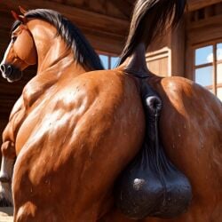 ai_generated anatomically_correct_anus big_balls feral from_behind horse horse_anus looking_at_viewer low-angle_view male_only muscular muscular_male smiling sweat tail