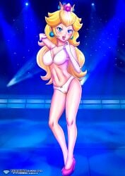 1girls bbmbbf blush bra breasts diamond_level female female_only gloves heels high_heels lipstick looking_at_viewer mario_(series) navel nintendo open_mouth palcomix pietros_secret_club pillow_shading princess_peach solo tongue underwear