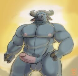 1boy 3_fingers abs anthro balls biceps big_muscles bitnarukami bovine brown_eyes buffalo chief_bogo disney erection fur grey_fur grey_hair hair horn humanoid_penis looking_down male male_only mammal muscular nipples nude pecs penis pubes pubic_hair sky smile solo standing vein zootopia