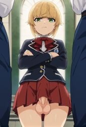 1futa ai_generated disgusted disgusted_face futanari green_eyes greentime mushoku_tensei mushoku_tensei:_isekai_ittara_honki_dasu norn_greyrat school_uniform schoolgirl small_breasts solo_futa yellow_hair