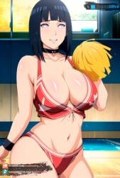 ai_generated big_ass big_breasts bikini cheerleader collar curvy curvy_figure dark_blue_hair female female hyuuga_hinata juanpiamvs naruto naruto_(series) naruto_shippuden patreon patreon_username pixiv pom_poms pool purple_eyes short_hair smiling subscribestar subscribestar_username sweatdrop twitter watermark