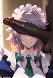 1boy 1girls ai_generated blue_eyes dark-skinned_male facing_viewer female female_focus imminent_fellatio interracial izayoi_sakuya light-skinned_female maid maid_headdress mature_female penis_over_eyes sakuya_izayoi smiling straight touhou white_hair