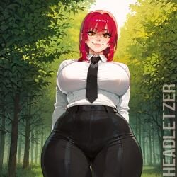 ai_generated chainsaw_man clothed forest forest_background headletzer looking_at_viewer makima_(chainsaw_man) mappa nature nature_background red_hair smirk tagme thigh_clothes tree weekly_shonen_jump