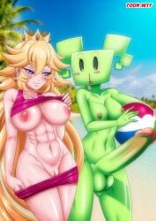 1futa 1girls balls bbmbbf beach big_breasts big_penis blush breasts erection female futa_with_female futanari mario_(series) mimi_(super_paper_mario) naked nintendo nipples nosebleed nude open_mouth palcomix penis princess_peach pussy sweat toon.wtf