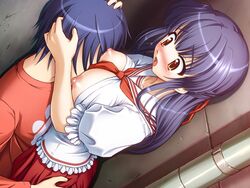 :o alley ass ass_grab ayakashi ayakashi_h blue_hair blush breast_press breast_smother breasts brown_eyes faceless faceless_male frills game_cg head_in_chest kusaka_yuu nipples no_bra open_clothes open_mouth open_shirt sailor_collar school_uniform schoolgirl serafuku shiragami_kikuri shirt surprised toma_(asagayatei) wardrobe_malfunction