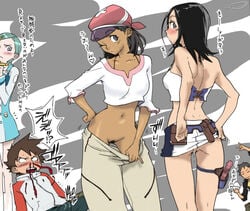 2boys 3girls back black_hair blood blush brown_hair dark_skin dildo english_translation eureka eureka_seven female female_focus gidget_(eureka_seven) hat holland holland_novak innie_pussy japanese_text looking_back midriff multiple_boys multiple_girls no_panties nosebleed notes_translation pants_pull pubic_hair pussy pussy_juice raglan_sleeves renton_thurston skirt skirt_lift talho_yuki text thigh_strap translated uncensored wet_pussy yukimi