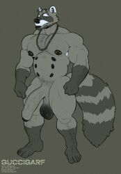 anthro arm_hair balls beard belly big_penis body_hair chains chest_hair facial_hair genitals guccigarf hi_res horn male mammal musclegut nipples penis piercing procyonid pubes raccoon saggy_balls stripes