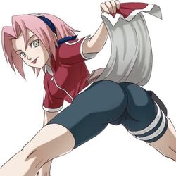 1girls :p ass ass_focus bent_over big_ass bike_shorts cameltoe clitoris_bulge clitoris_through_clothes come_hither dat_ass erect_clitoris female female_only green_eyes haruyama headband human latex lifting_clothing looking_at_viewer looking_back lowres naruto naruto_(classic) naughty_face pink_hair sakura_haruno sakura_haruno(genin) short_hair solo spandex spread_legs thighs tongue young