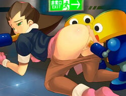 anus brown_hair censored erect_nipples fellatio gloves green_eyes hairband kobun larger_female mega_man mega_man_legends no_panties oral pantyhose penis pussy servbot size_difference skirt skirt_lift small_dom_big_sub smaller_male tron_bonne underling