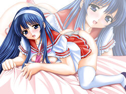 all_fours ass ass_up bed big_bang_beat blue_eyes blue_hair blush breasts dai_(series) daibanchou dildo hairband highres kyoudou_senna legwear long_hair nipples open_mouth panties school_uniform serafuku stockings thighhighs top-down_bottom-up underwear zoom_layer