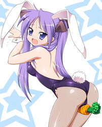 :o animal_ear armpits ass back bent_over between_thighs blue_eyes blush bunny_ear bunny_girl bunny_tail bunnysuit cameltoe carrot embarrassed erect_nipples female female_only fishnet_pantyhose fishnets from_behind hair_ribbon human kagami_hiiragi long_hair looking_back lucky_star naritaya open_mouth pantyhose purple_hair ribbon shiny shiny_clothes solo star sweat sweatdrop tail tanuki_yousuke tied_hair tsurime twintails wrist_cuffs