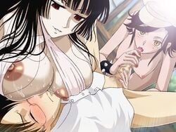 black_hair breasts brown_hair censored fellatio glasses huge_breasts nipples oral red_eyes watanuki_kimihiro xxxholic yellow_eyes yuuko_ichihara