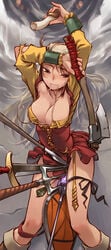 axe blonde_hair breasts cleavage highres lance mushroom nakamura_tetsuya phallic_symbol polearm rod shield skirt spear sword trident warrior weapon