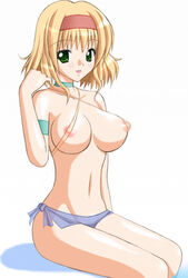 1girls alternate_costume bikini blonde_hair blush breasts cleavage erect_nipples female green_eyes headband natalia_luzu_kimlasca_lanvaldear nipples see-through short_hair smile solo swimsuit tales_of_(series) tales_of_the_abyss womi