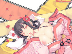 bare_shoulders black_hair blush breast_squeeze breasts clothing cruccu flower galge.com hair_flower hair_ornament japanese_clothes kimono large_breasts lipstick long_hair makeup nail_polish no_bra open_clothes open_shirt petals pointy_chin shirt vip_quality wallpaper yellow_eyes