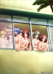 13girls 6+girls blue_hair blush breasts female female_only glasses highres hypnosis kitagawa_aya kurasawa_sanae mind_control multiple_girls nipples nude poster public_nudity saimin_gakuen school schoolgirl sumeragi_yuusuke topless wall window zenra