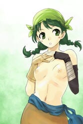 archer_(fire_emblem) bandana blush braid breasts brown_hair elbow_gloves fire_emblem fire_emblem:_the_blazing_blade flat_chest gloves green_eyes green_hair michael_f91 mismatched_gloves navel nipples rebecca_(fire_emblem) tied_hair topless twin_braids twintails