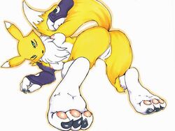 2014 anthro areola ass breasts canine chest_tuft claws digimon elbow_gloves female fox fur furry gloves kinu_(artist) looking_back mammal nipples plain_background presenting presenting_hindquarters presenting_pussy pussy renamon solo tuft white_background yellow_fur yin_yang