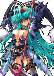 1girls aqua_hair bb breasts female fingerless_gloves fonewearl gloves green_hair hat large_breasts long_sleeves looking_at_viewer miwa_yoshikazu nipple_slip nipples panties phantasy_star phantasy_star_online pointy_ears pussy_juice red_eyes scythe simple_background solo standing sweat synthetic_garden thighhighs torn_clothes underwear white_background