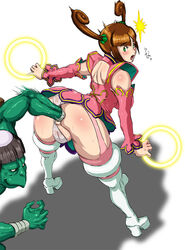 ahe_gao anal anal_destruction anal_fisting antenna_hair anus ass bent_over big_ass blush boots brown_hair butcha-u capcom cavity_search clothing detached_sleeves eroquis fisting from_behind fucked_silly gaping green_eyes jewelry june_lin_milliam kappa kappa_(star_gladiator) looking_back open_mouth panties pussy ring shadow skirt smile star_gladiator sweat thigh_boots thighhighs thumbs_up tied_hair twintails uncensored