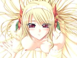 blonde_hair blush breasts collarbone detached_sleeves flower game_cg hair_ornament hairband hatozuki_tsumiki long_hair looking_up mine_fukaki_se_ni_tayutau_uta nail_polish nipples red_eyes saliva