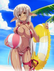 ball beach beach_ball breasts color dark-skinned_female dark_elf dark_skin elf erect_nipples gold_eyes huge_breasts innertube long_ears long_hair original pointy_ears shimakaze silver_hair sling_bikini soundz_of_bell swimsuit tan yellow_eyes