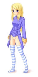 agrias_oaks blonde_hair blue_eyes bottomless buresu feet female female_only final_fantasy final_fantasy_tactics final_fantasy_tactics_(original) human pussy solo striped striped_legwear striped_thighhighs thighhighs uncensored