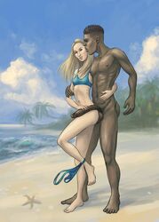 abs beach big_balls big_penis bikini bikini_bottom bikini_bra blonde_hair dark-skinned_male dark_skin female interracial licking lisarey looking_at_viewer male muscular_male platinum_blonde_hair