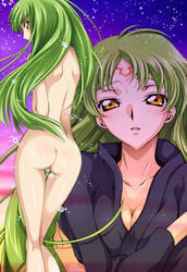 ass blush breasts c.c. cleavage code_geass green_hair iyou long_hair looking_back mizuno_poppo nude poppo_(artist) yellow_eyes