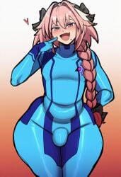 1boy :d ai_generated astolfo_(fate) black_bow blue_bodysuit blush bodysuit bow braid braided_ponytail bulge cosplay covered_penis finger_to_cheek finger_to_face gradient_background hair_intakes hairbow heart long_braid long_hair looking_at_viewer male_focus multicolored_hair oerba_yun_fang open_mouth otoko_no_ko pink_hair purple_eyes ribbon single_braid skin_fang skin_tight smile solo standing streaked_hair thick_thighs thighs white_hair wide_hips zero_suit