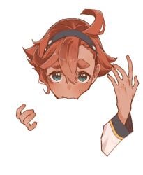 2girls asticassia_school_uniform black_hairband blending blue_eyes blush closed_mouth commentary_request cunnilingus female_pov gundam gundam_suisei_no_majo hairband hand_on_another's_thigh highres implied_cunnilingus long_hair looking_at_viewer meme multiple_girls negative_space negative_space_cunnilingus_(meme) oki_jerry_dori oral pov red_hair school_uniform sfw_illustration_(meme) silhouette simple_background solo_focus suletta_mercury thick_eyebrows white_background yuri