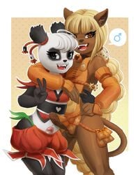 2016 ankama anthro balls bear black_fur blonde_hair braided_hair brown_fur dofus duo ecaflip erection eyelashes front_view fur furry girly highres hug humanoid_penis ineffective_clothing long_hair looking_at_viewer male male_only mammal manene mars_symbol multicolored_fur open_mouth panda pandawa penis poking_out portrait precum smile standing three-quarter_portrait two_tone_fur v wakfu white_fur ♂