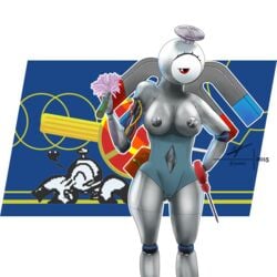 2015 anthro breasts fan_character female looking_at_viewer machine magnemite mecha nintendo nude pokemon pussy robot solo video_games znhc