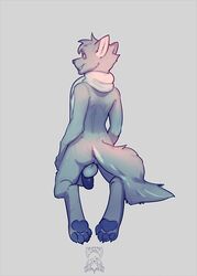 1boy anthro ass backsack balls barefoot canine digitigrade flaccid hi_res humanoid_penis korichi looking_at_viewer looking_back lordwolfie male male_only mammal mostly_nude pawpads penis rear_view restricted_palette scarf signature solo wolf