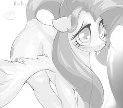 2016 bluedrg19 cutie_mark disembodied_penis duo equine erection female feral fluttershy_(mlp) friendship_is_magic greyscale hair heart human_male long_hair looking_at_penis male mammal monochrome my_little_pony pegasus penis solo_focus straight tongue tongue_out wings