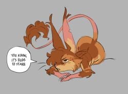 1girls 2d annoyed anthro ass ass_focus ass_up big_ass big_ears brown_fur catgrrrlriot color english english_text female hair_covering_eye hair_over_one_eye huge_ears lying mouse_girl original_character penny_(catgrrrlriot) shortstack simple_background speech_bubble tail tail_tuft thick_thighs wide_hips
